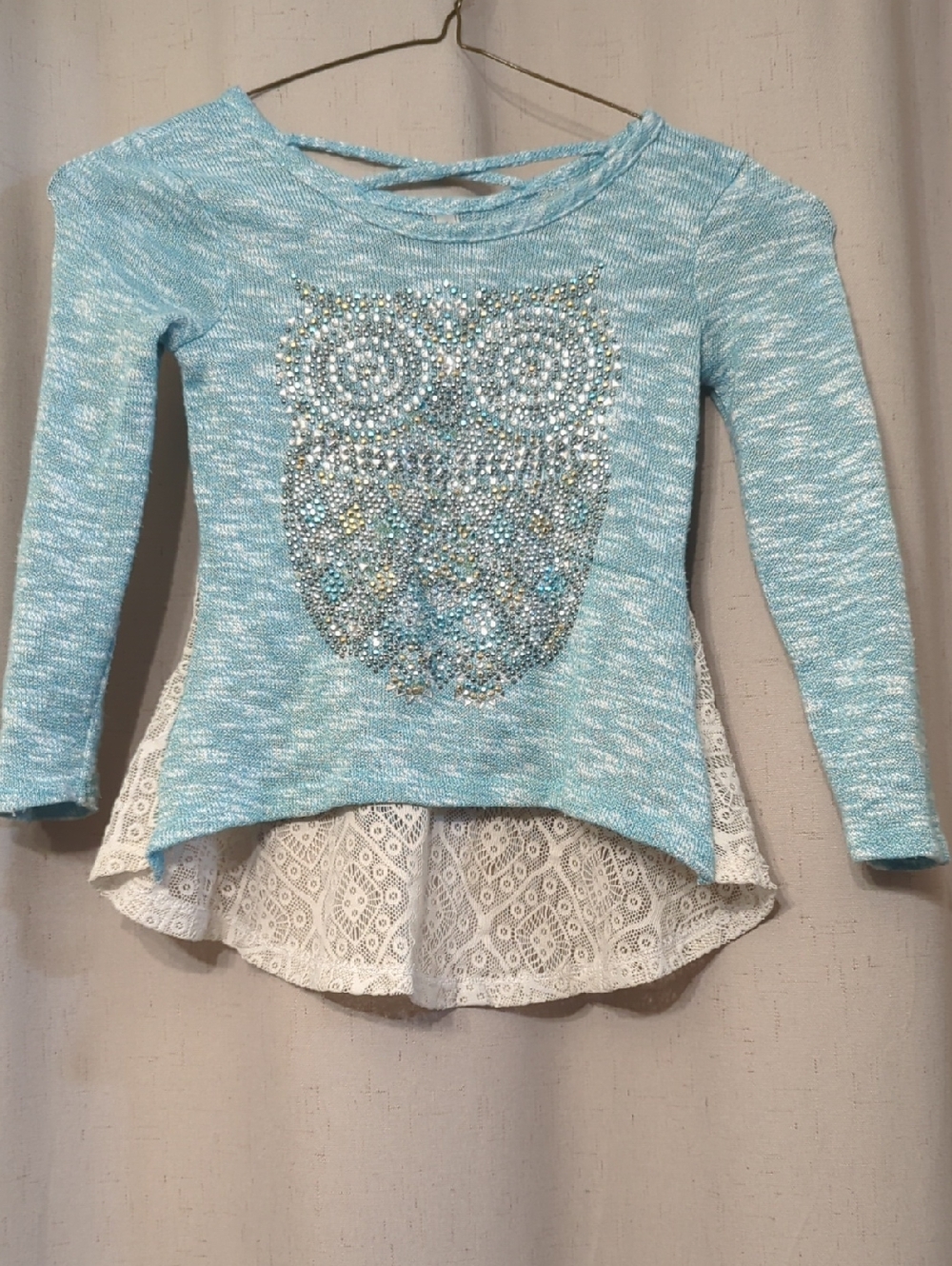 Knitworks Light Blue Knit Owl Sweater with Cream Lace Hi-Low Hem